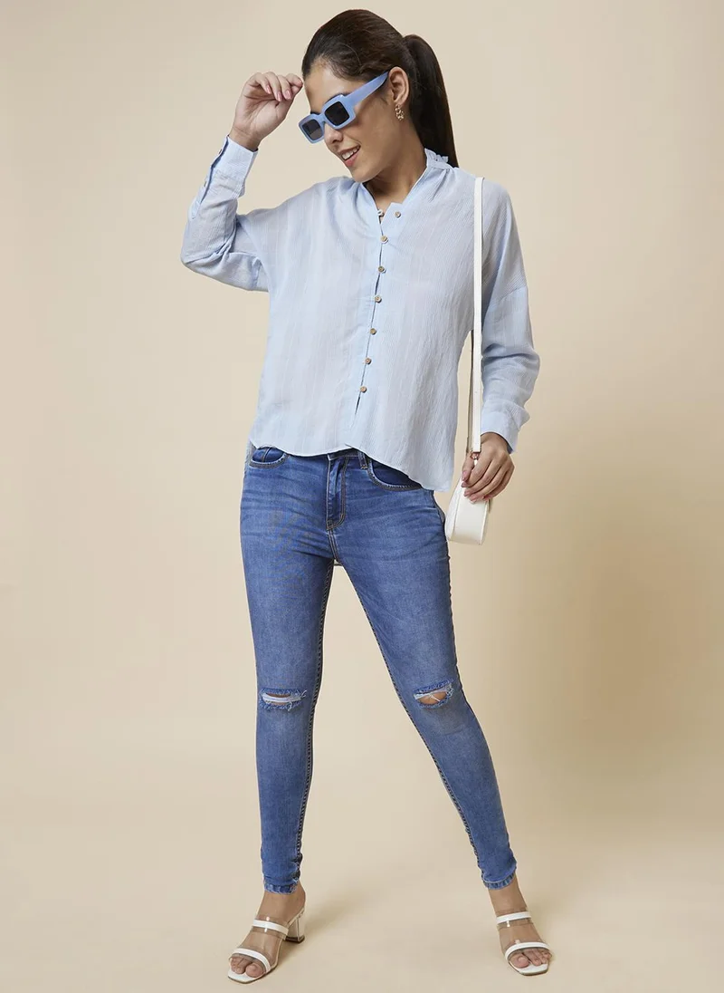 globus Women Blue Mandarin Collar Cuffed Sleeves Shirt Style Top
